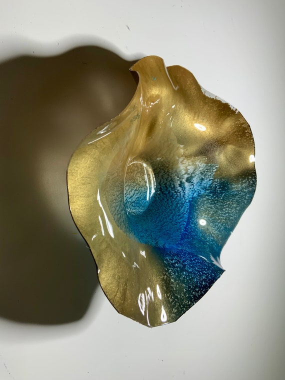 Up cycled polymer Wall Flower: Gold & Blue Boho Decor, 5"- looks like glass