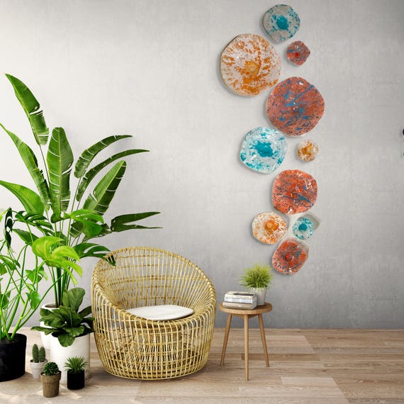 Wall flower sculpture 10 handmade home decor mural orange/aqua/white eco-friendly plastic looks like glass/ceiling art