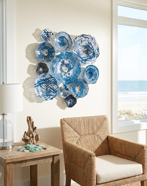 Denim Blue, white & black wall flower platters 11 handmade original/beach home decor/eco-friendly polymer - looks like glass