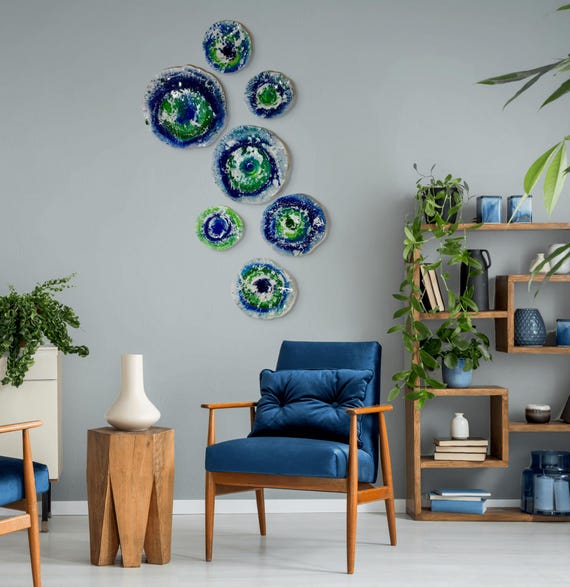 Seaside wall decor set 7 blue/green/white handmade beach home decor platter eco art/eco-friendly plastic looks like glass/ceiling hanging