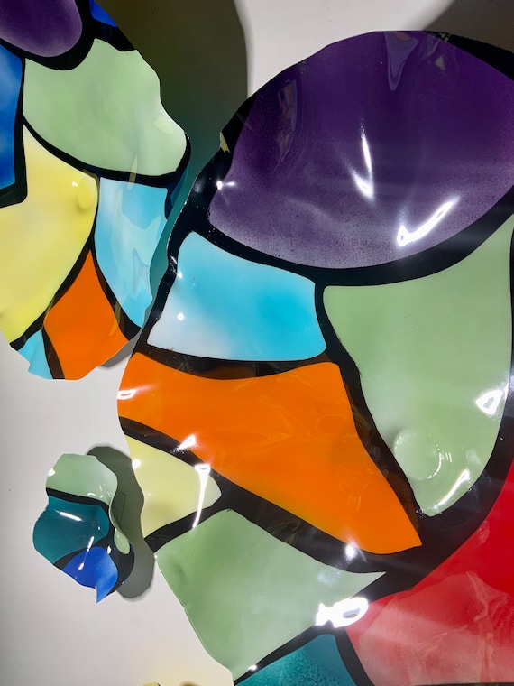 Original Wall sculpture dish art 9 rainbow with black handmade recycled plastic- looks like glass