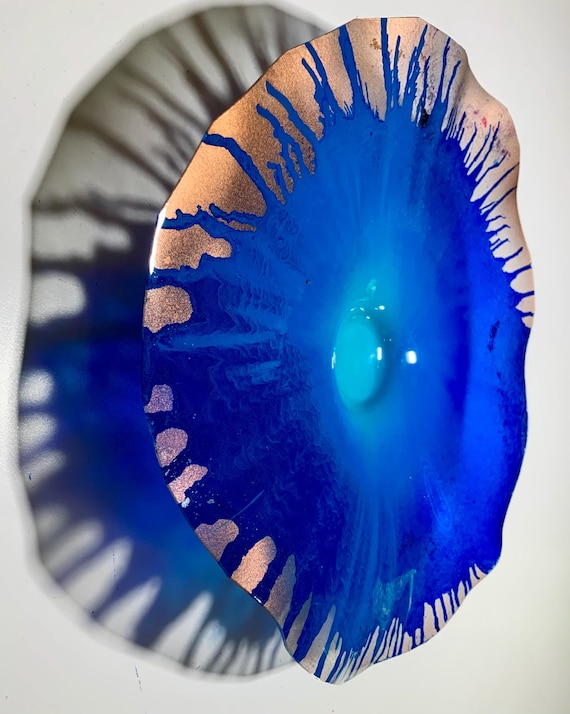 Original handmade eco friendly plastic home wall flower copper/seaside blue small 9” home art/looks like glass/outdoor art/window hanging