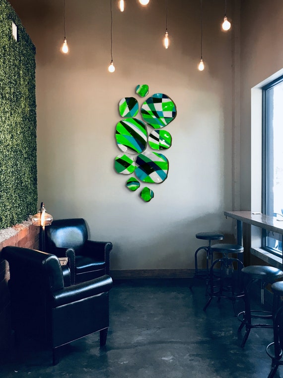 Shades of green/light blue/white/blue wall flower sculpture 9 handmade home decor/eco-friendly plastic looks like glass