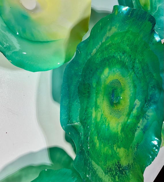 Large Wall Mural Set of 7 ocean shades emerald green,chartreuse & teal - Handmade Recycled Polymer Decor -glass like look