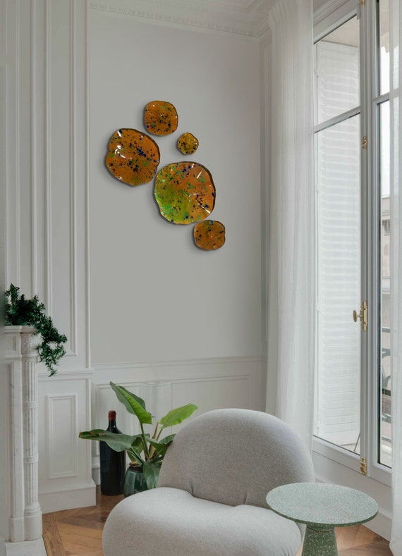 Original Wall flower art 5 orange/green/purple/blue/aqua up-cycled polymer, looks like glass/modern home wall art
