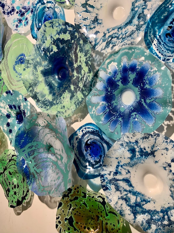 Wall Flower designer Plates 32 artist choice greens & blues up-cycled polymer- looks like glass - home decor art