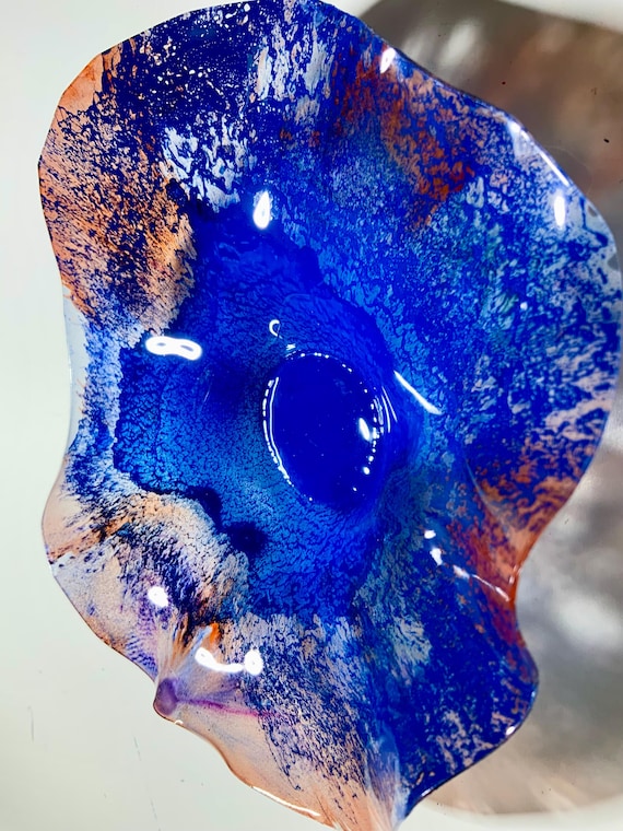 Sustainable polymer extra Small wall flower 5” handmade blue & orange home decor- looks like glass