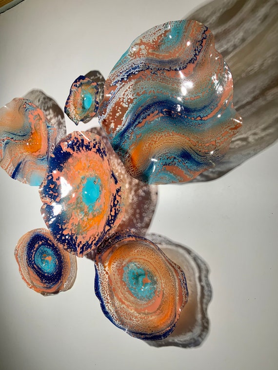 Wall flower dish art beach home decor 6 Orange/Aqua/navy blue handmade original/eco-friendly plastic- looks like glass/ceiling hanging