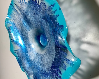Medium round Wall flower 13” aqua/blue glitter handmade eco-friendly plastic/Home wall sculpture art/window hanging decor/looks like glass