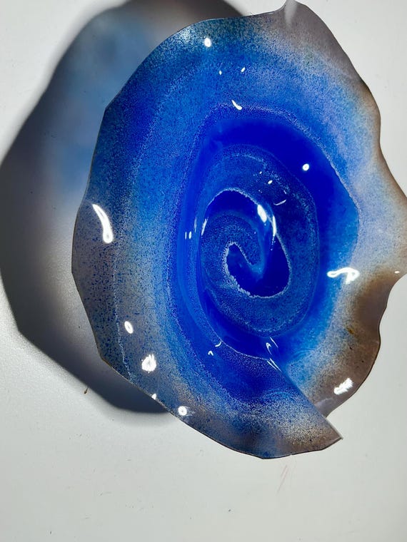 Up cycled plastic wall art blue/brown Handmade round Wall flower hanging home decor x-small 5”  looks like glass/outdoor lanai art