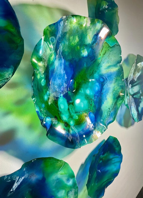 Handmade Gorgeous 7 Piece Wallflower Set in Green & Blue - Glass Like - up cycled polymer - wall Art
