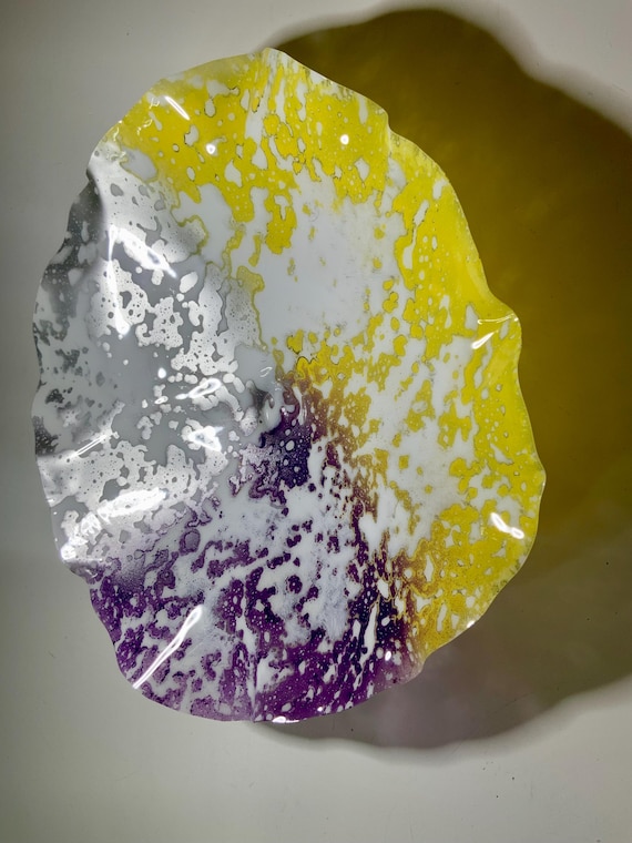 Extra large wall hanging/handmade recycled plastic 19” yellow/silver/purple/white/cool living room home  decor/Ocean Arts/looks like glass