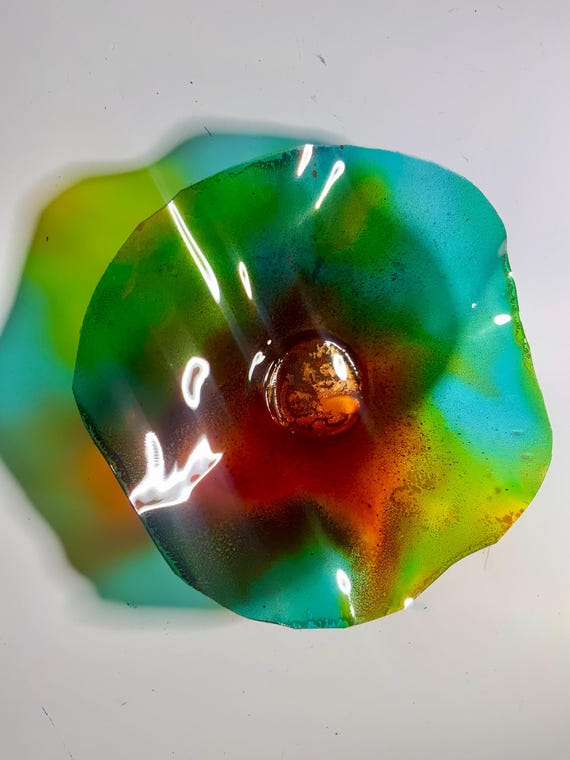 Recycled Plastic Wall Flower: Aqua, Blue, Orange, Yellow Boho Patio Art