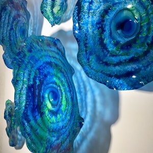 Wall Flower sculpture Teal blue-green recycled plastic looks like glass/wall mount/indoor outdoor/boho wall decor You pick size/quantity image 1