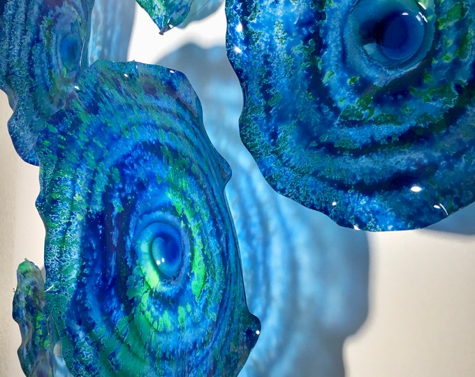Featured listing image: Wall Flower sculpture Teal blue-green recycled plastic looks like glass/wall mount/indoor outdoor/boho wall decor You pick size/quantity