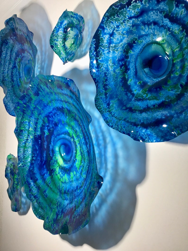 Wall Flower sculpture Teal blue-green recycled plastic looks like glass/wall mount/indoor outdoor/boho wall decor You pick size/quantity image 1