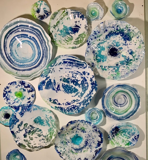 One of a kind wall art set 24 Aqua marine/navy blue/green/white handmade original/up-cycled plastic/boho beach decor/looks like glass