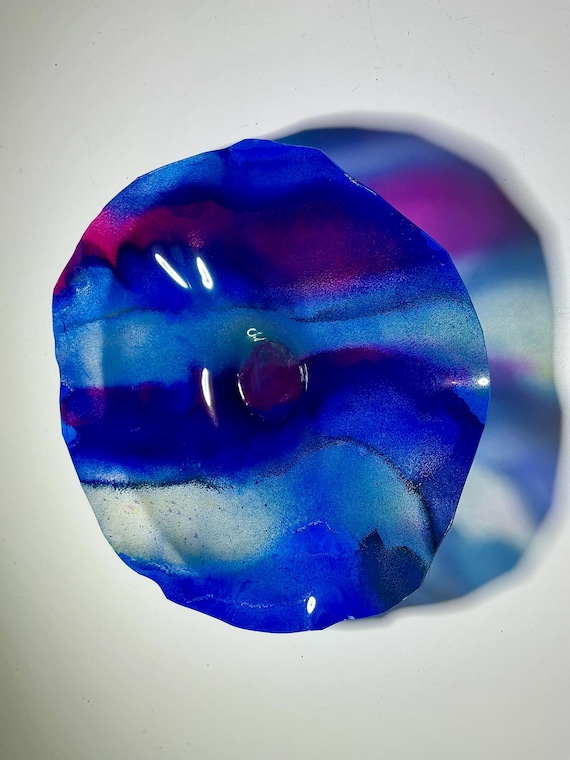 Unique Small Wall Hanging Art 9” - Recycled Plastic Platter in blue, burgundy and gold- looks like glass