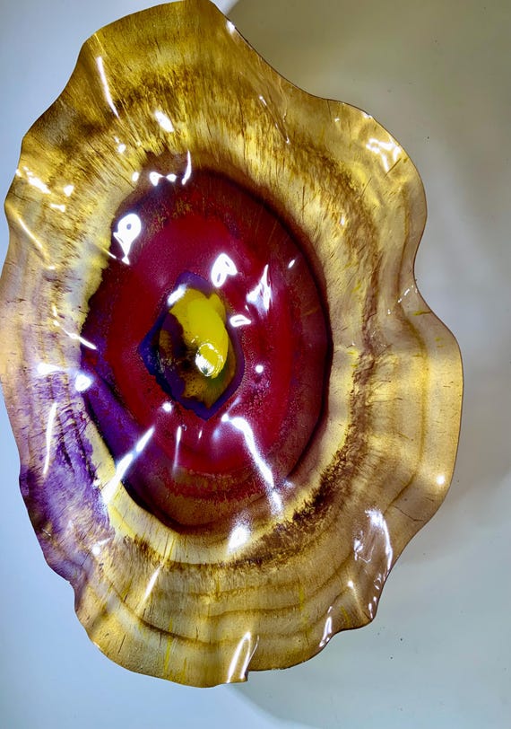 Original XX large art 24” gold/coral red/purple/yellow handmade eco-friendly plastic home decor/looks like glass/easy to hang/lightweight