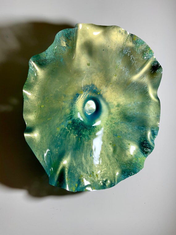 Wall flower plate art 15" handmade eco-friendly plastic/gold/turquoise green/home decor/large wall platter/looks like glass/window mount