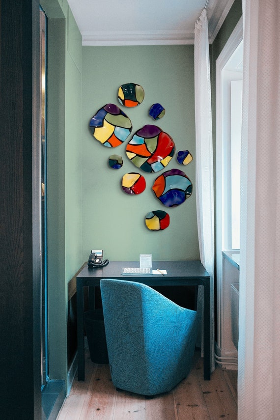 Original Wall sculpture dish art 9 rainbow/black handmade recycled plastic/boho home decor/large wall mural mount/looks like glass/porch art