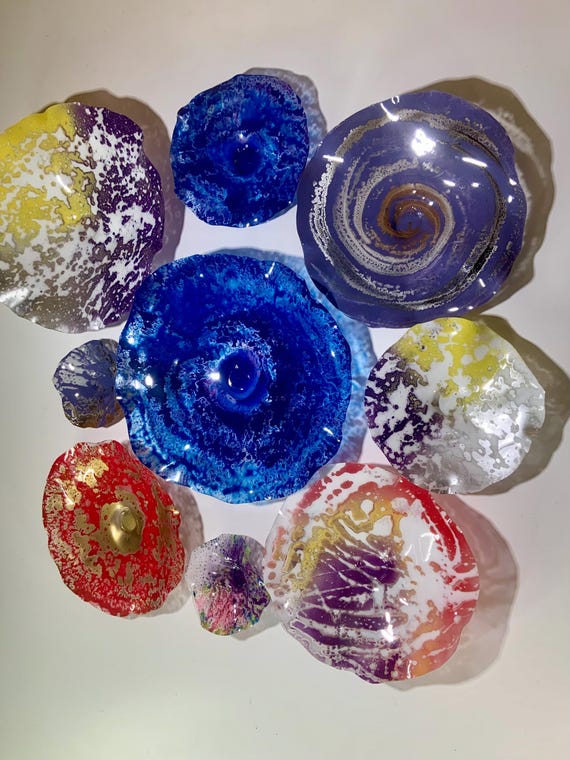 Artist pick Multi- colored original wall platter mural 9 handmade up cycled plastic/looks like glass/indoor outdoor/home decor whimsy art