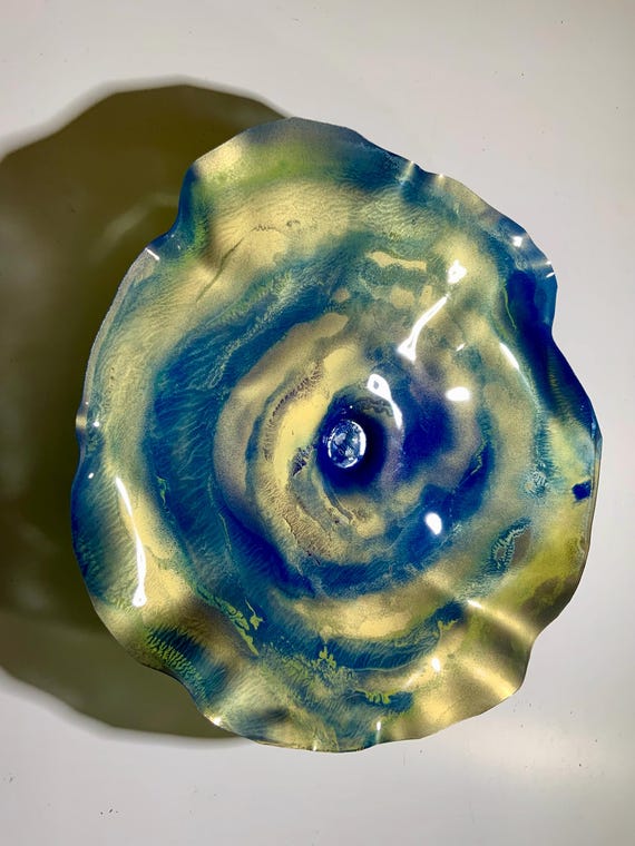 Coastal home decor wall flower art handmade upcycled plastic 15” handmade royal blue/gold blend/looks like glass/cool wall art