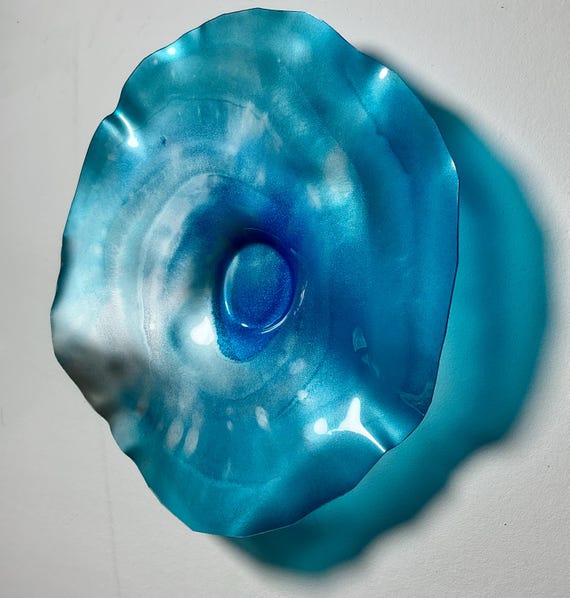Wall flower home decor Art blue & silver - handmade from Recycled Polymer - 9” glass like look
