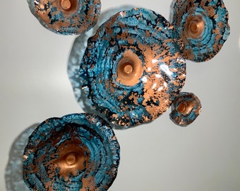 Wall Flower sculpture Teal blue/copper recycled plastic looks like glass/window hanging art/indoor outdoor wall decor/You pick size/quantity