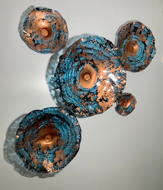 Wall Flower sculpture Teal blue/copper recycled plastic looks like glass/window hanging art/indoor outdoor wall decor/You pick size/quantity