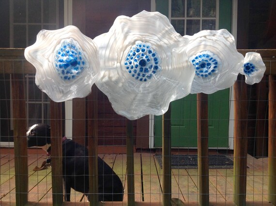 White And Blue Flower Wall Art Or Ceiling Hanging Recycled Plastic Home Decor Wall Mount Upcycled Original Indoor Outdoor