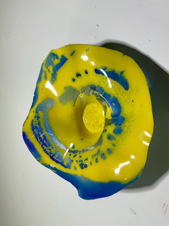 Original Handmade wall hanging sunny yellow/blue home decor/recycled plastic extra small 5” looks like glass - art for home decor
