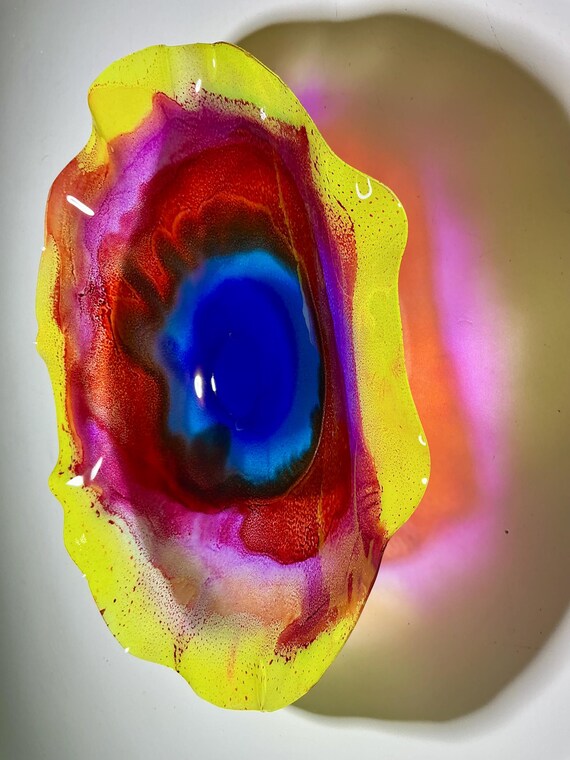 Colorful flower home wall hanging medium 13” blue/pink/red/yellow handmade eco-friendly plastic/looks like glass;living room decor