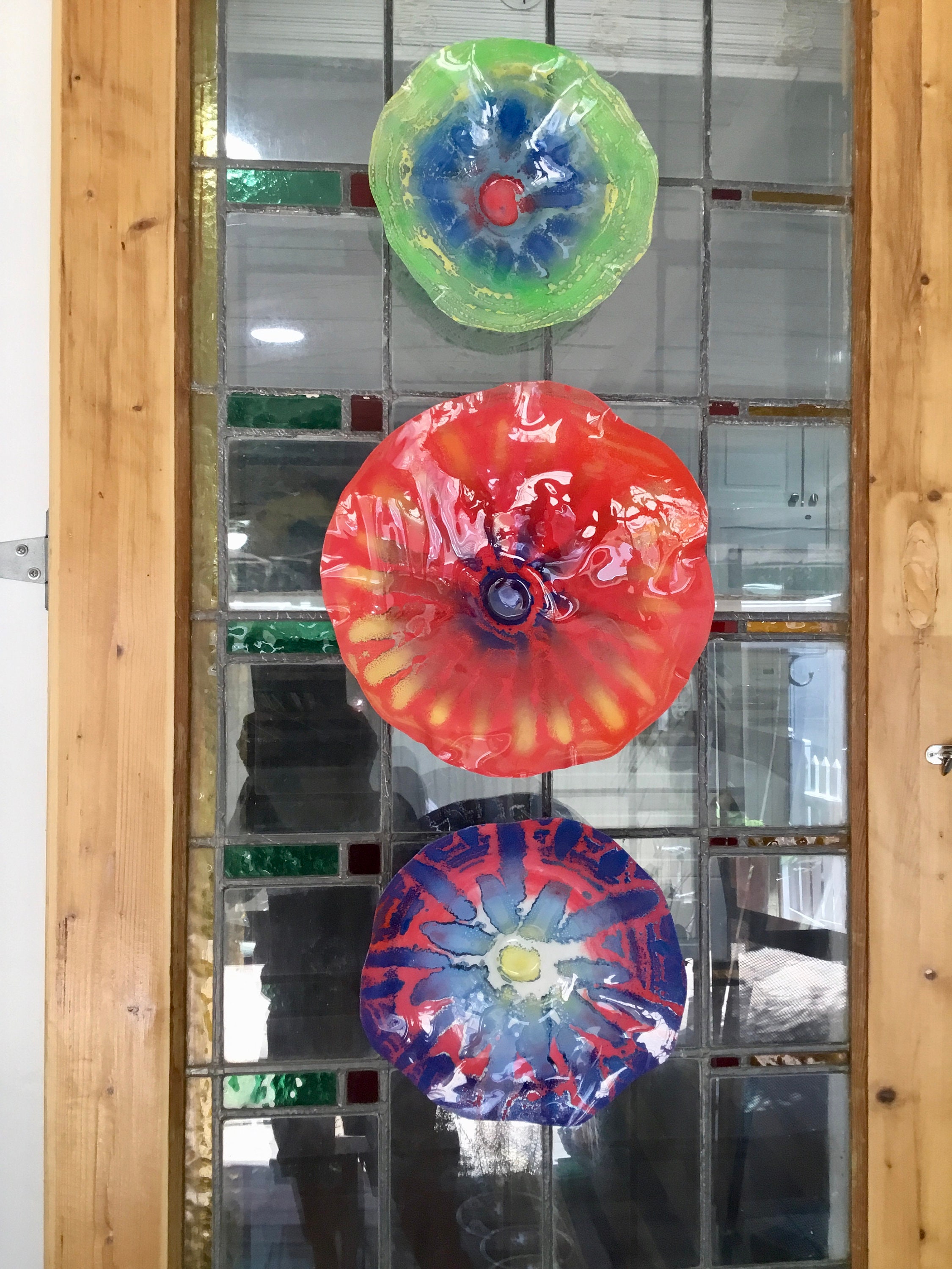 Medium Wall flower 13” coral red/blue/yellowgold handmade eco friendly