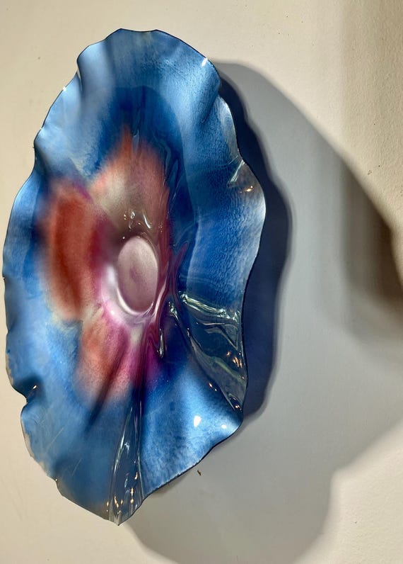 Wall flower home decor pink & blue - handmade from Recycled Polymer - 9” glass like look