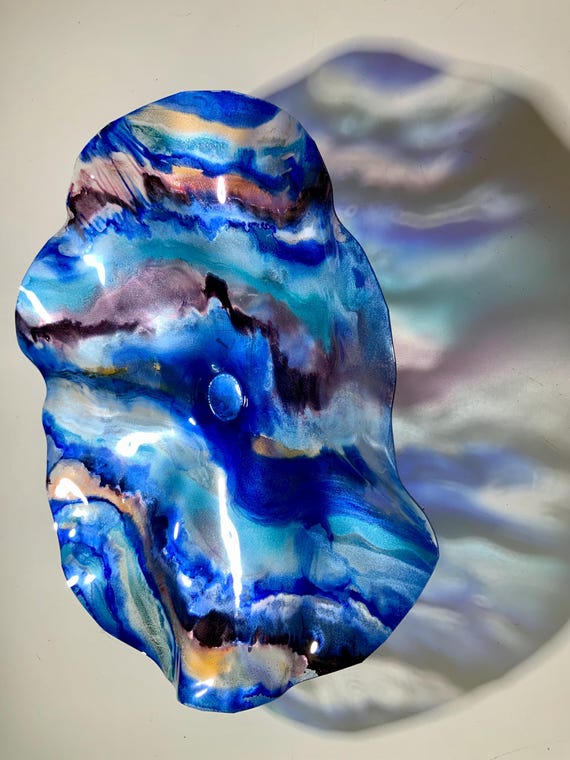 Handmade Large wall flower home decor art 15” fine art eco-friendly polymer/wall plate/sky blue/mauve/white looks like glass/patio wall art