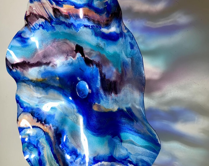 Featured listing image: Handmade Large wall flower home decor art 15” fine art eco-friendly polymer/wall plate/sky blue/mauve/white looks like glass/patio wall art