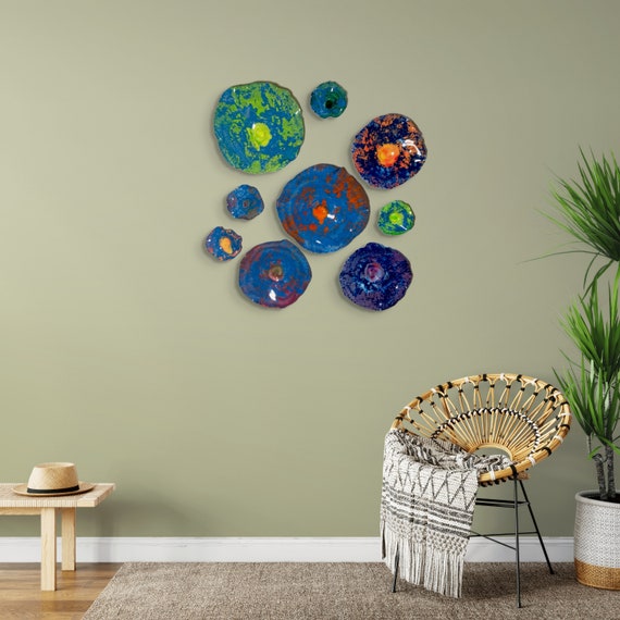 Sustainable home decor wall flower sculpture 9 aqua/blue/orange/yellow/purple/green/coral handmade art/eco-friendly plastic looks like glass