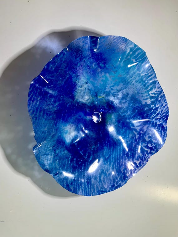 Handmade upcycled plastic wall flower home decor extra large 19” cobalt blue/ purple/silver round wall art/living room art/looks like glass