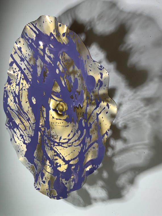 Ocean Arts wall hanging boho living room decor handmade recycled plastic 19” metallic gold/amethyst purple/looks like glass/Todd Lynd art