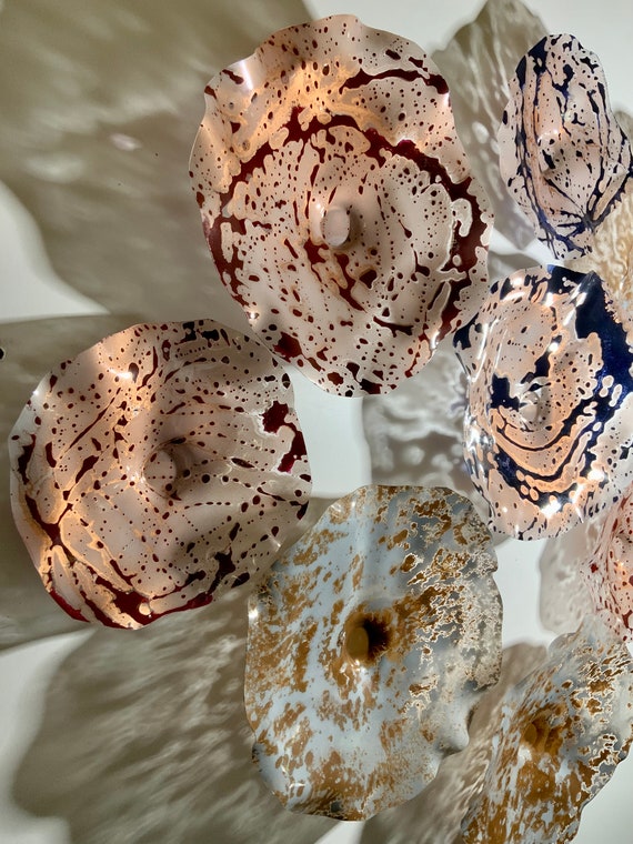 Original Wall sculpture flowers 9 copper/blue/pink/gray/brown handmade up-cycled plastic/modern home decor/large mural art/looks like glass