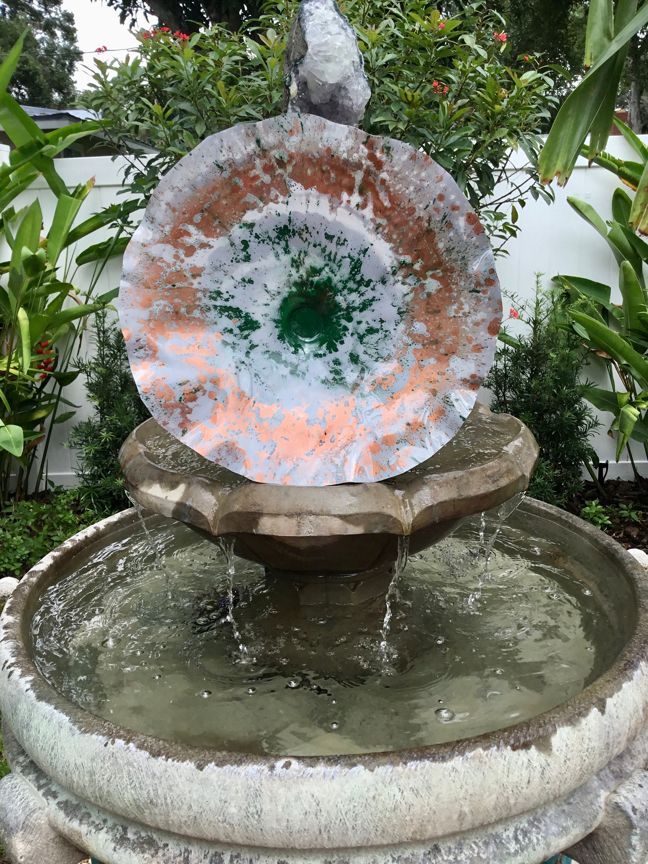 Wall Flower sculpture mural 15” gray/copper/green handmade ecofriendly plastic/outdoor wall art