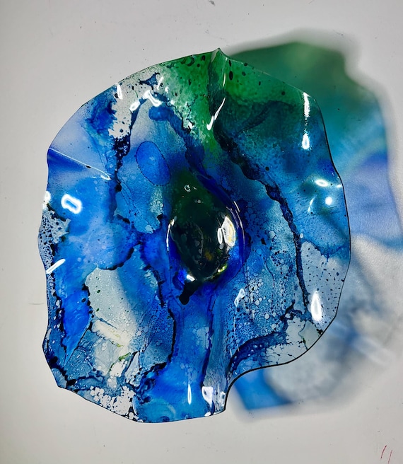 Recycled plastic one of a kind x-Small wall flower 5” handmade blue/green boho home decor- looks like glass/gift for her