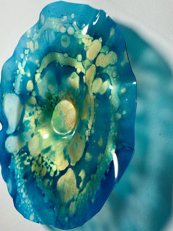 Wall flower home decor Art - gold & blue handmade from Recycled Polymer - 9” glass like look-