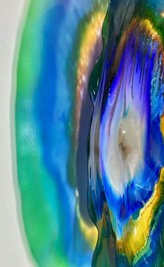 Blue, yellow, Green,purple & white art 24” extra extra large, handmade up cycled polymer looks like glass/easy to hang