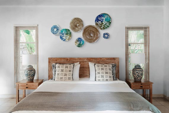 Neutral earth tones brown, blue, gold, green, aqua and white wall flower 8 handmade home decor/eco-friendly plastic looks like glass