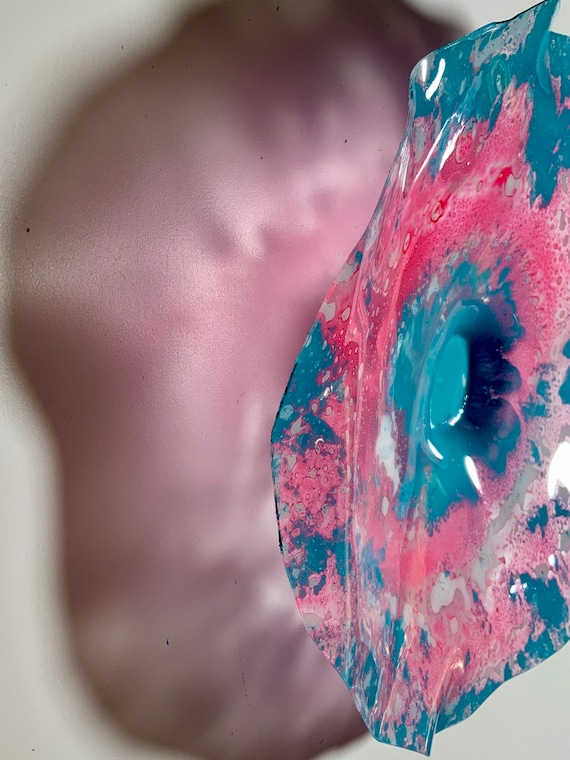 Small wall flower eco art home decor 9” pink/white/aqua handmade up-cycled plastic/boho home/bedroom art/indoor outdoor art/looks like glass