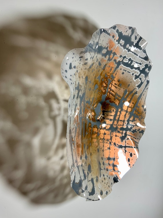 One of a kind Medium Wall flower earth tones home wall decor 13” copper/white/gray handmade recycled plastic/looks like glass