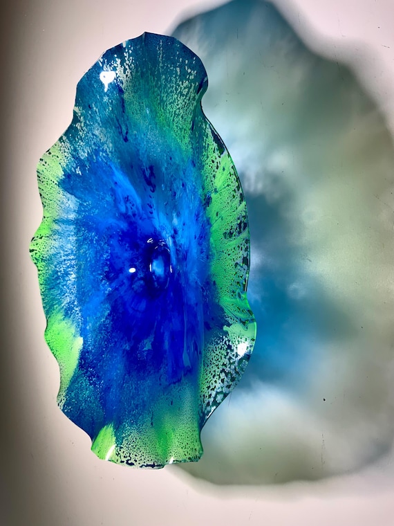 Handmade wall flower art 13”- up cycled polymer - green & blue - home decor coastal wall hanging - looks like glass