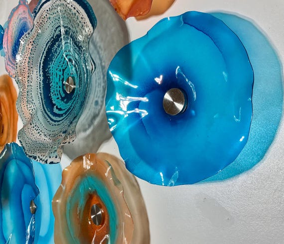 Exclusive Sea Glass Series: Large Wall Mural Set of 10 Handmade Recycled Plastic Decor-burnt orange/amber & shades of blue